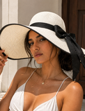 Women's Wide Brim Straw Sun Hat with Black Bow Ribbon