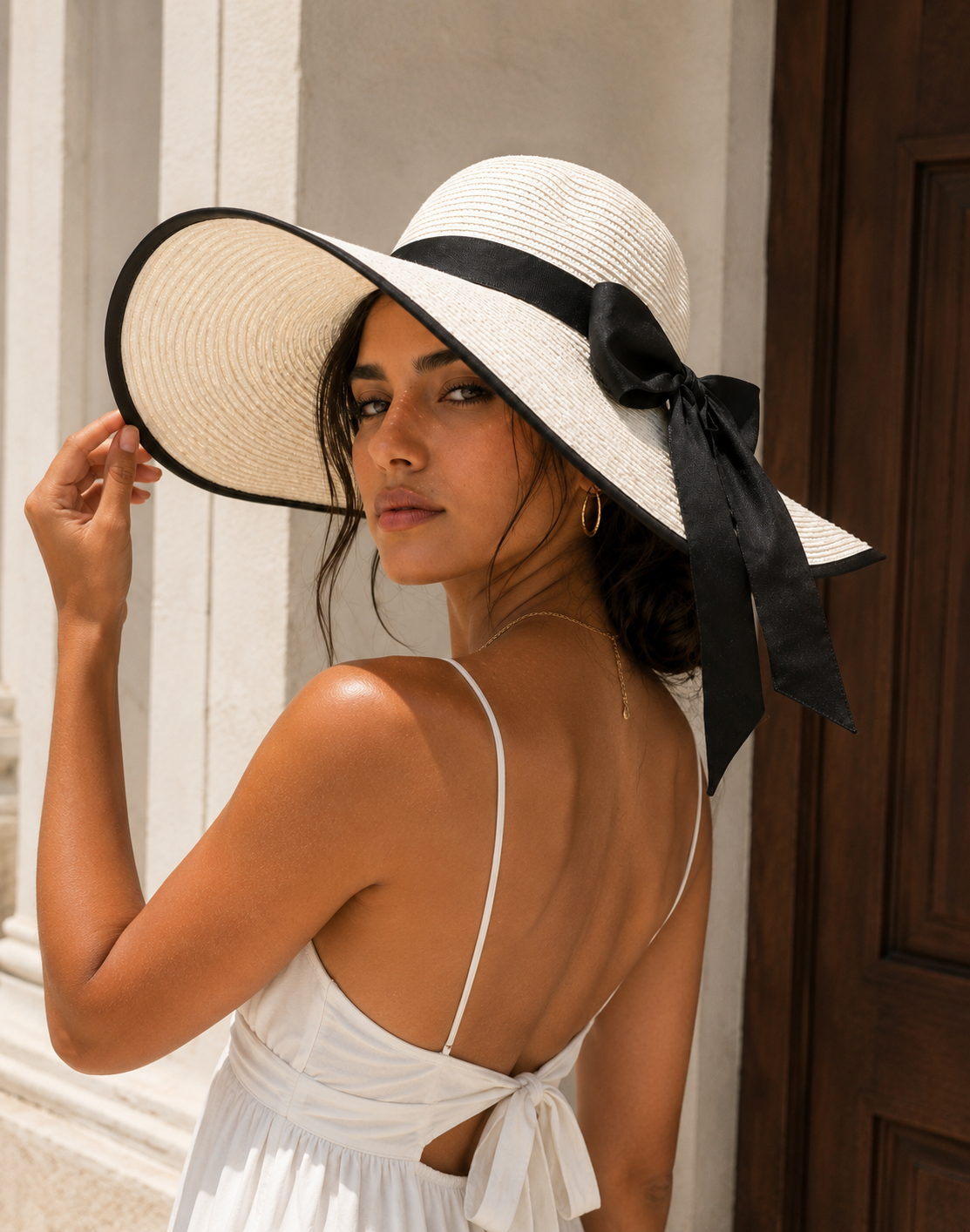 Women's Wide Brim Straw Sun Hat with Black Bow Ribbon