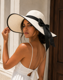 Women's Wide Brim Straw Sun Hat with Black Bow Ribbon