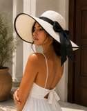Women's Wide Brim Straw Sun Hat with Black Bow Ribbon