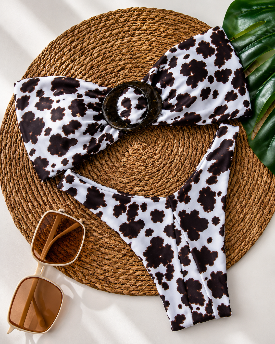 Brown & White Floral Ring Bandeau Bikini Set